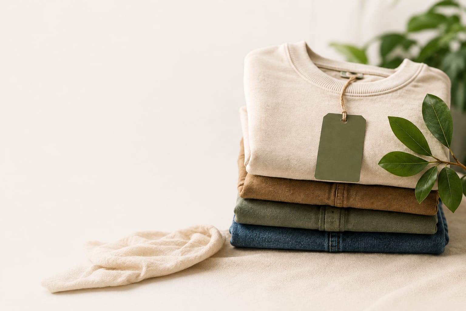 Ropa sostenible: prendas de algodón orgánico y materiales reciclados apiladas